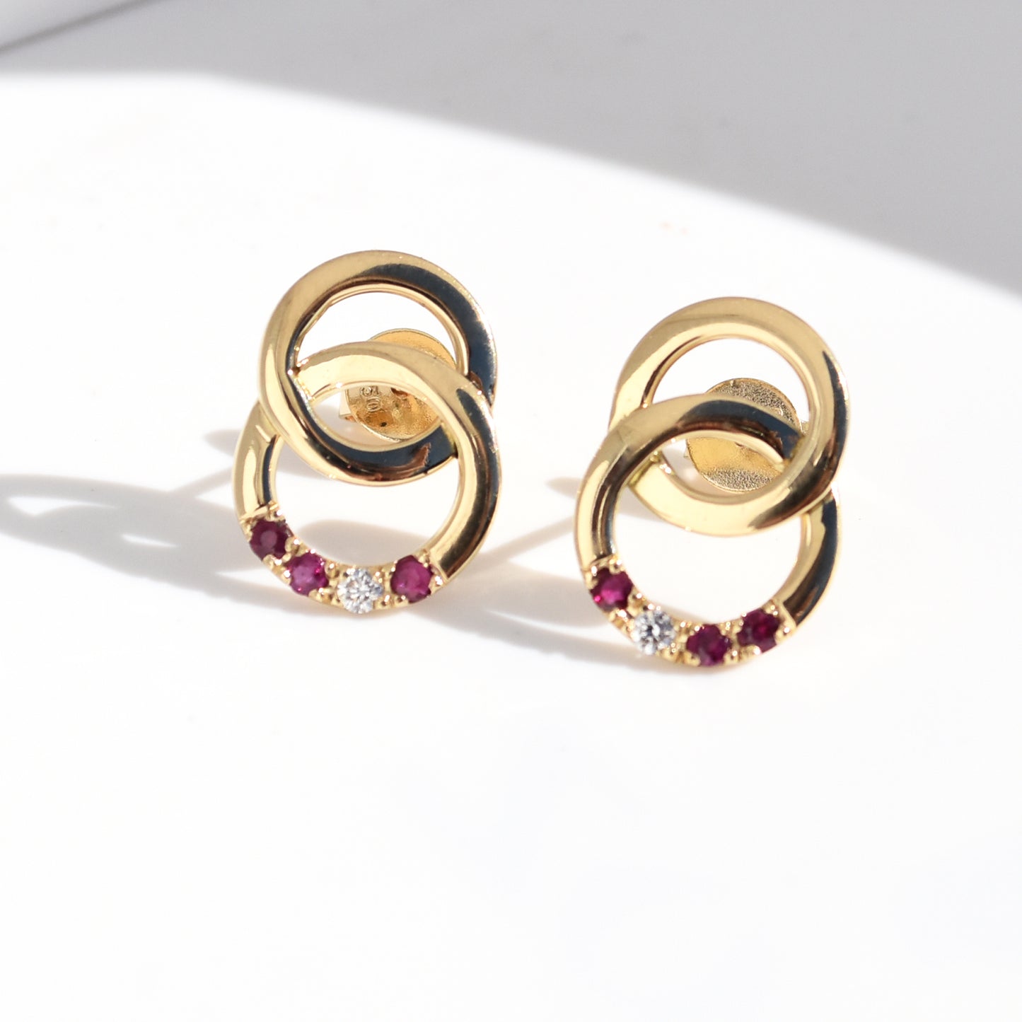 Circle Hoop Earring Studs - Ruby and Diamond