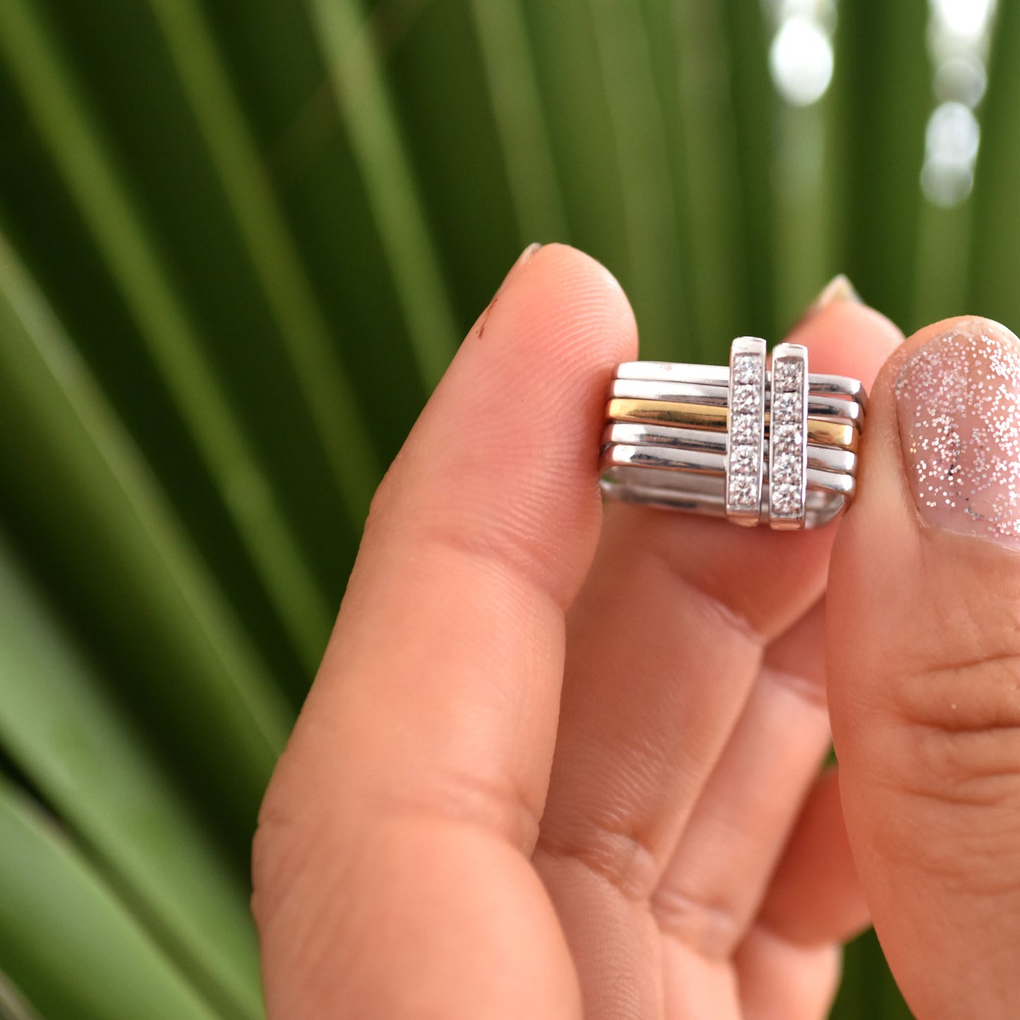 Firenze Ring - Double Pave Diamond Bar Two Tone 18K Gold
