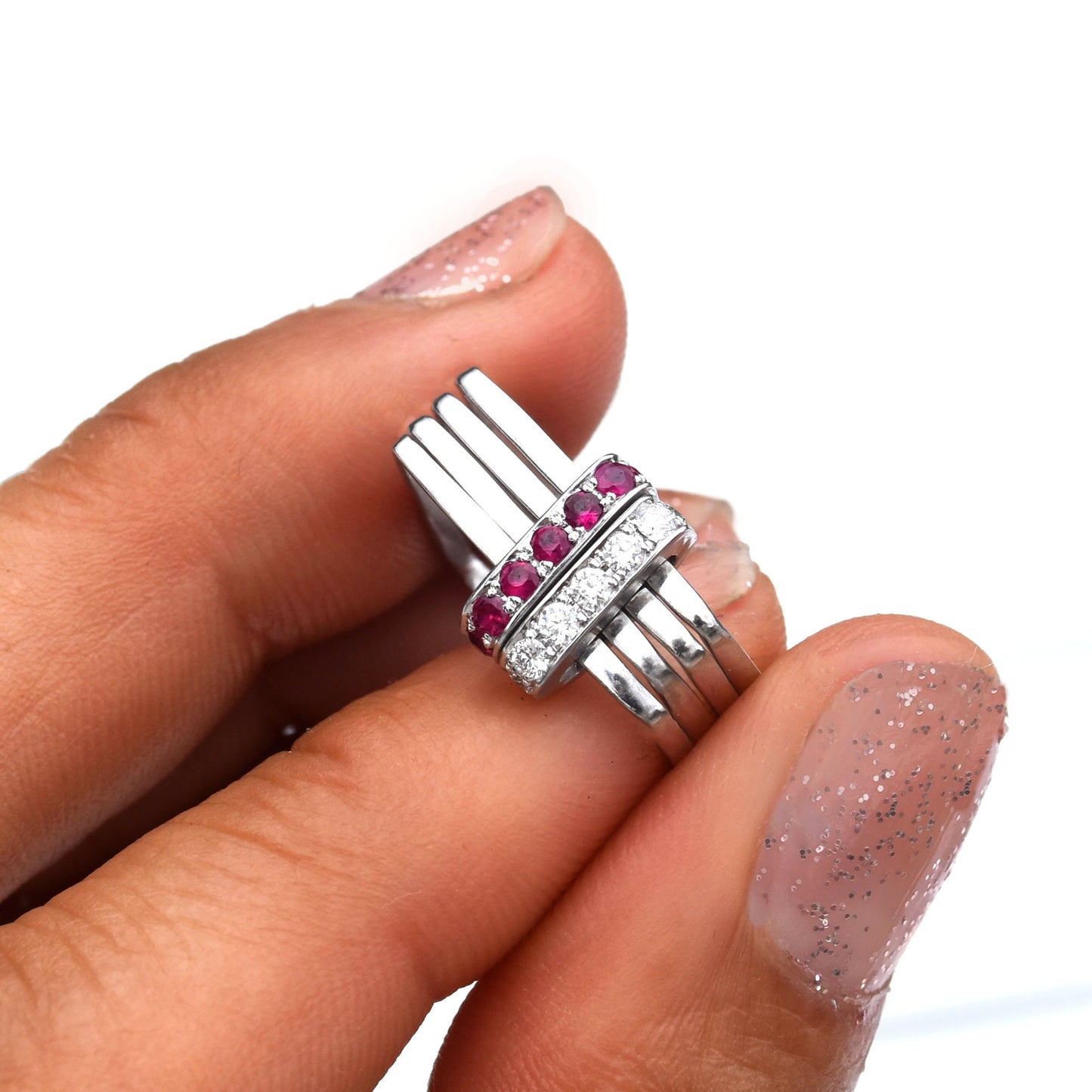 Firenze Ring - 18K White Gold Double Pave Diamond and Ruby Bar