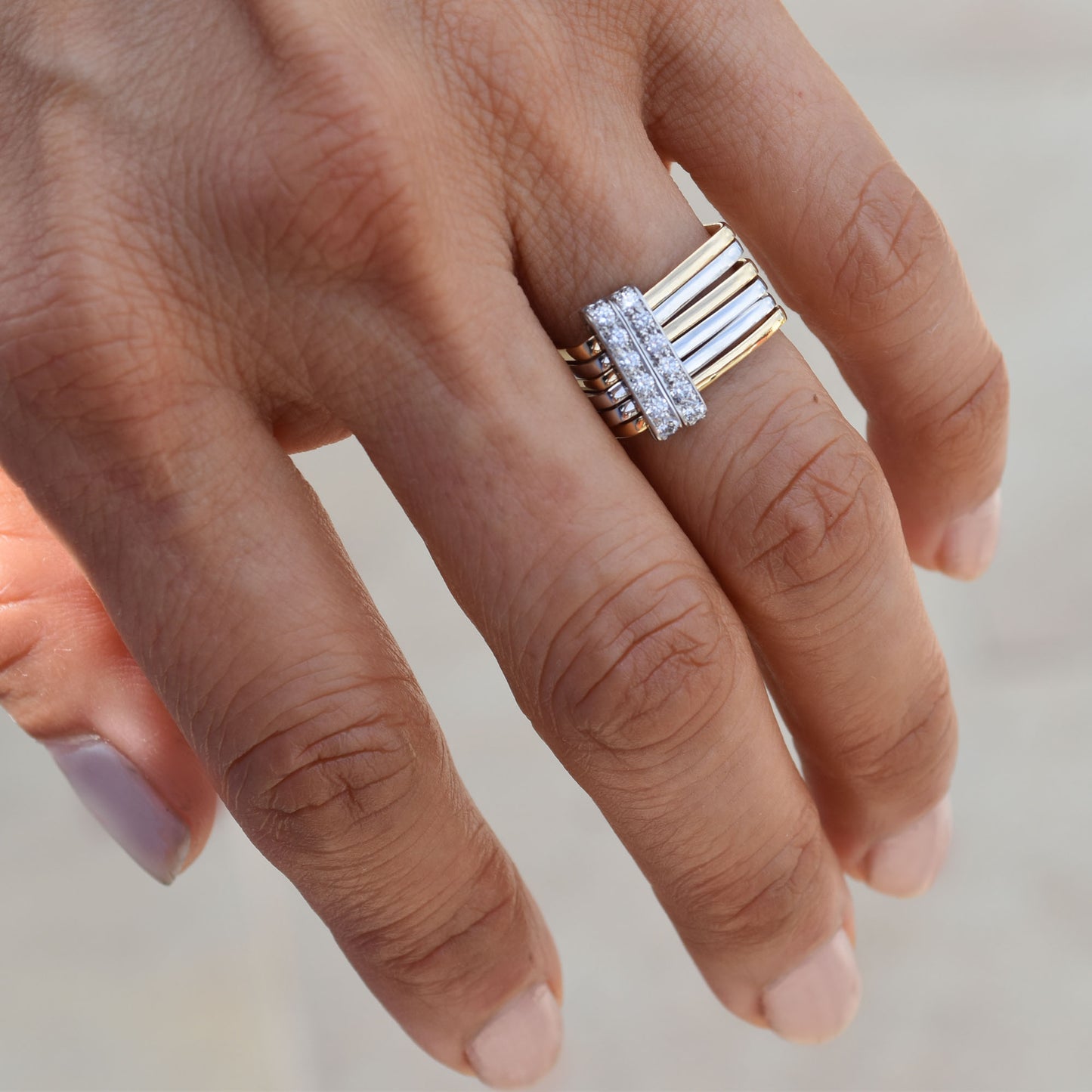 Firenze Ring - Double Pave Diamond Bar Two Tone 18K Gold