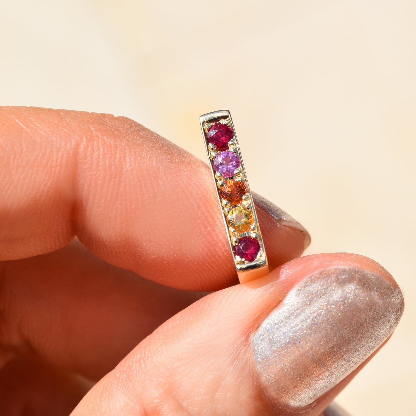 Multi Gem Pave Bold Square Band - 18K Yellow Gold