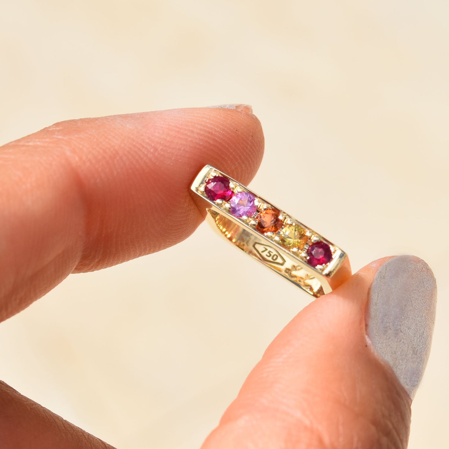 Multi Gem Pave Bold Square Band - 18K Yellow Gold