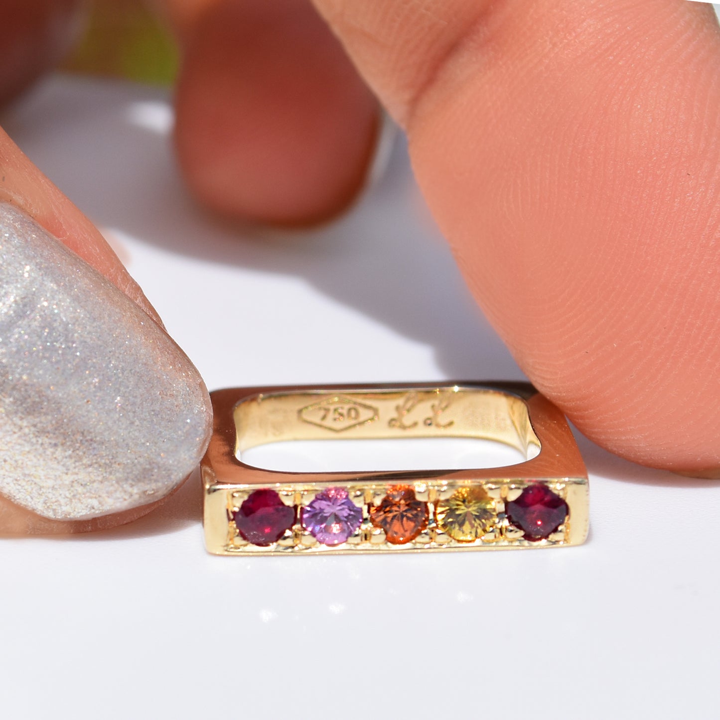 Multi Gem Pave Bold Square Band - 18K Yellow Gold