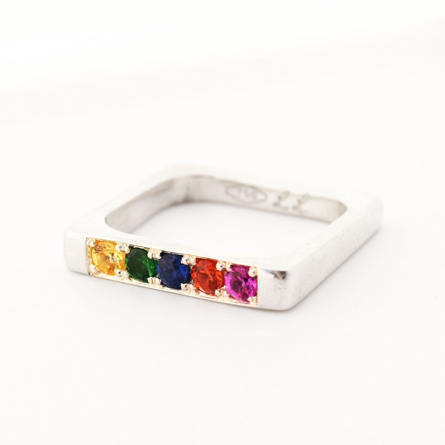 Multi Gem Pave Bold Square Band - 18K White Gold