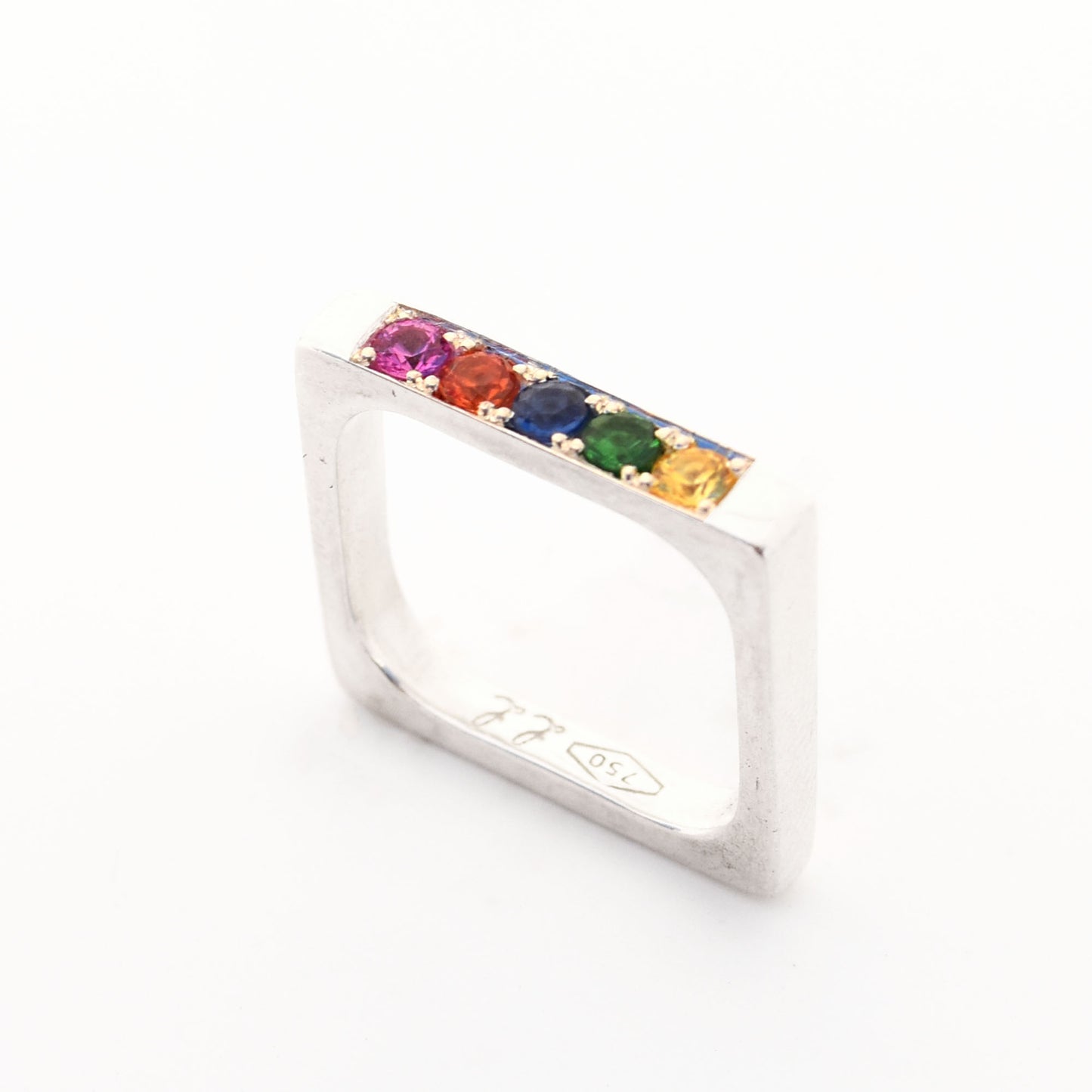 Multi Gem Pave Bold Square Band - 18K White Gold