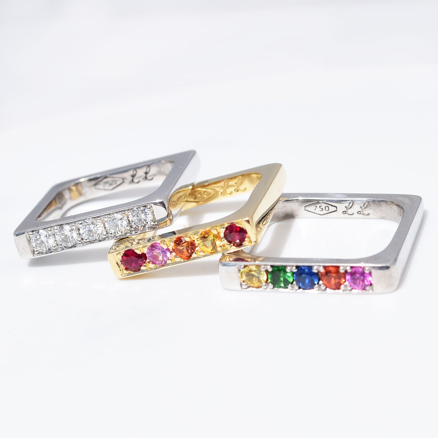 Multi Gem Pave Bold Square Band - 18K White Gold