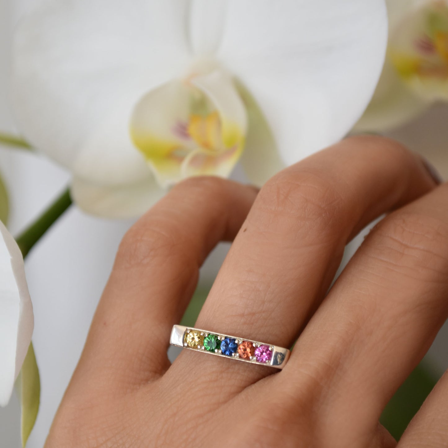Multi Gem Pave Bold Square Band - 18K White Gold