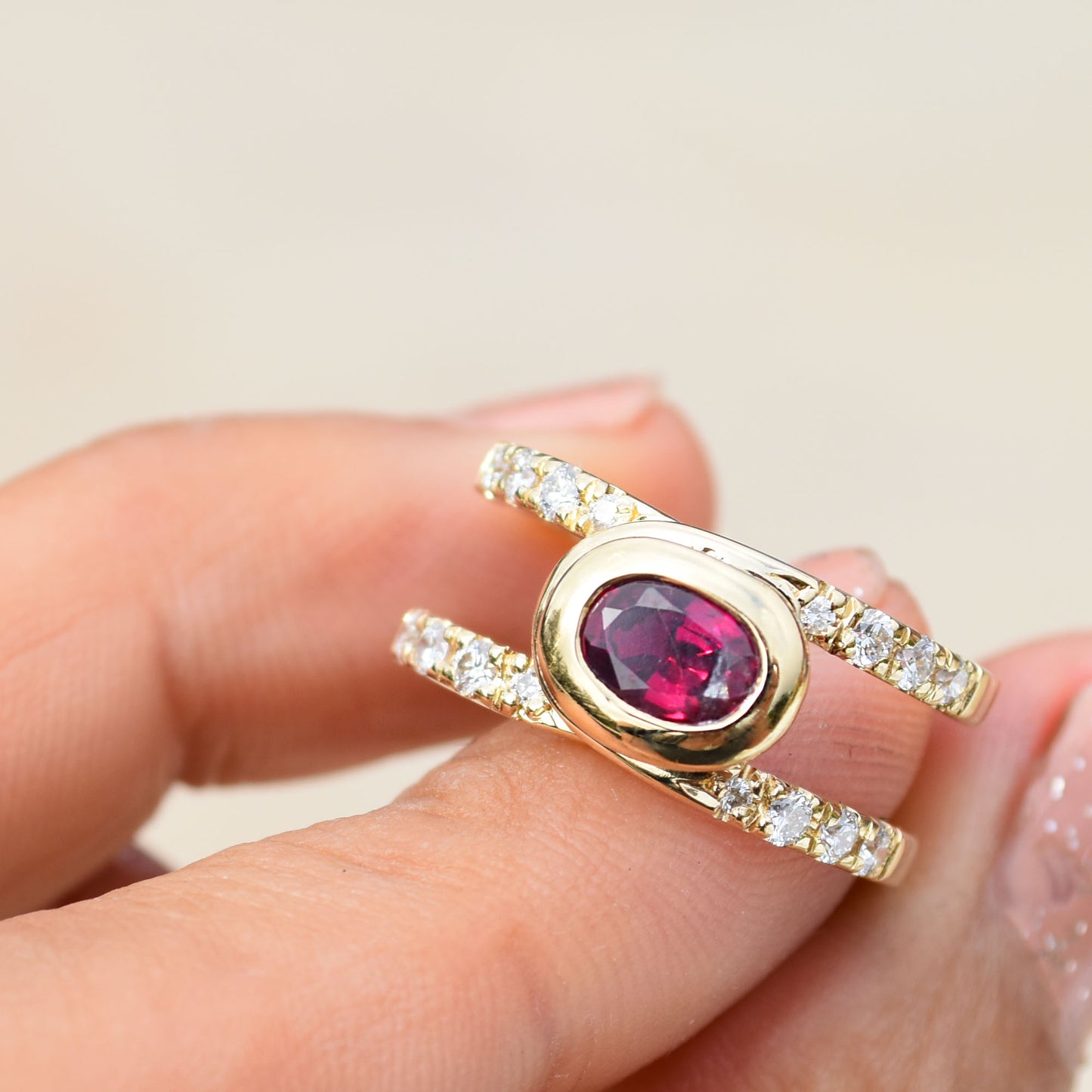 1.27 Ct Ruby Clip Ring with Cut Claw Pave Diamond