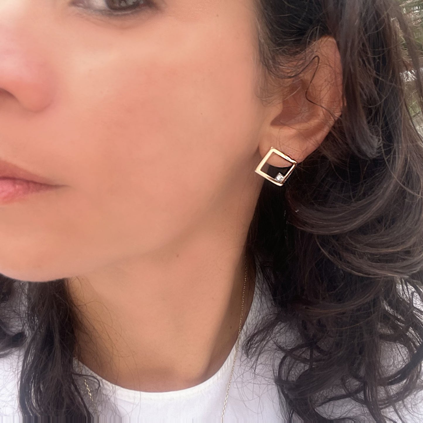 Square Diamond Earring Studs - Two Tone 18K Gold