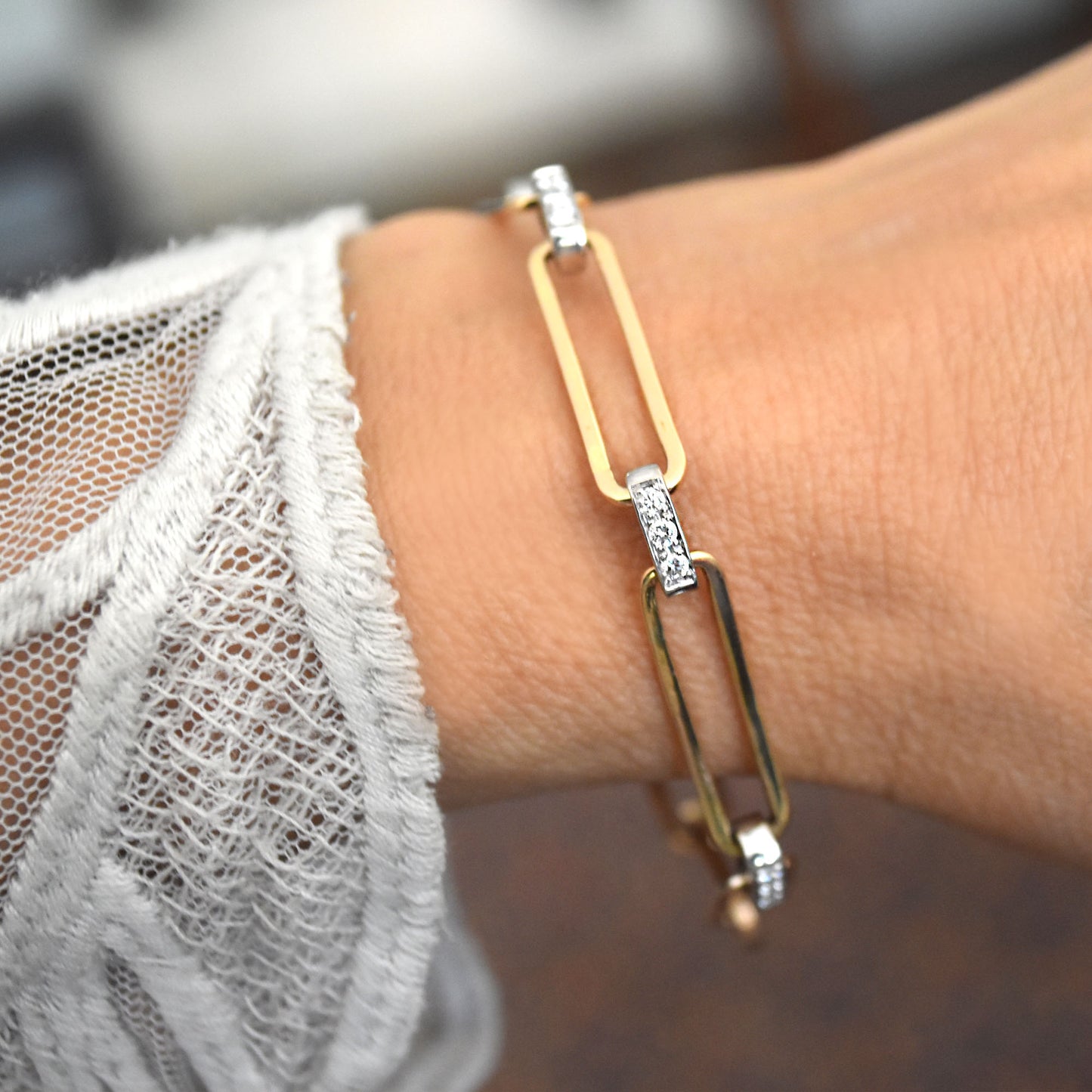 Paper Clip Chain Bracelet with Pave Diamond Bars