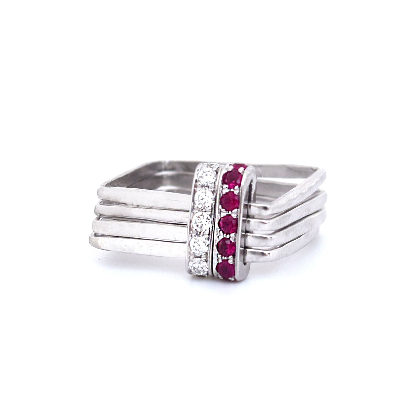 Firenze Ring - 18K White Gold Double Pave Diamond and Ruby Bar