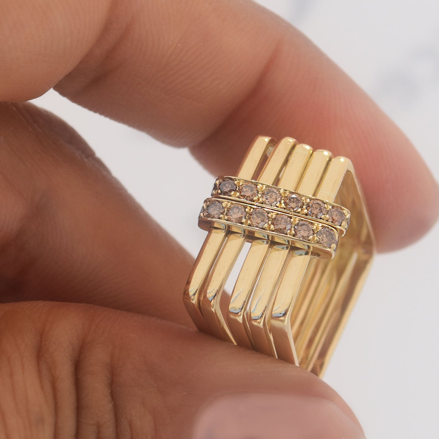 Firenze Ring - Cognac Diamond Pave Double Bar 18k Yellow Gold