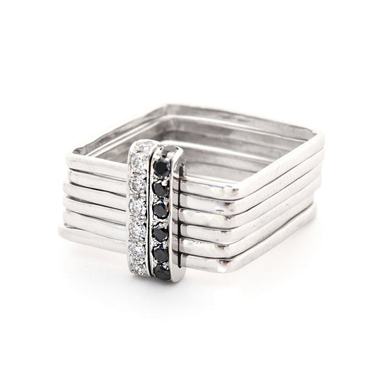 Firenze Ring - Black and White Pave Diamond Double Bar 18K White Gold