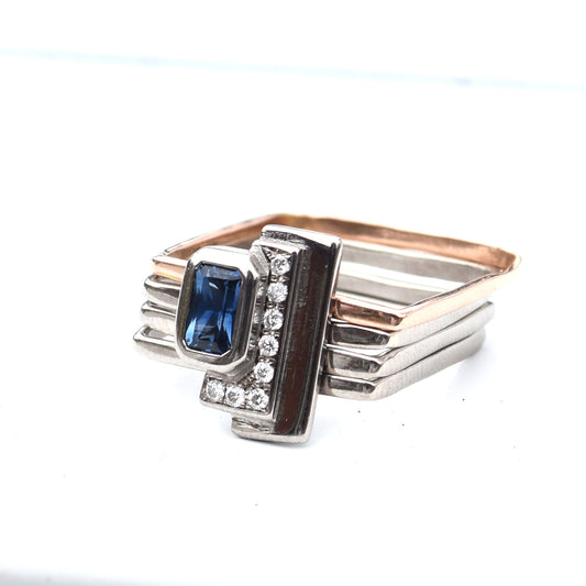 Firenze Ring Two Tone 18K Gold - Sapphire and Pave Diamond Bar