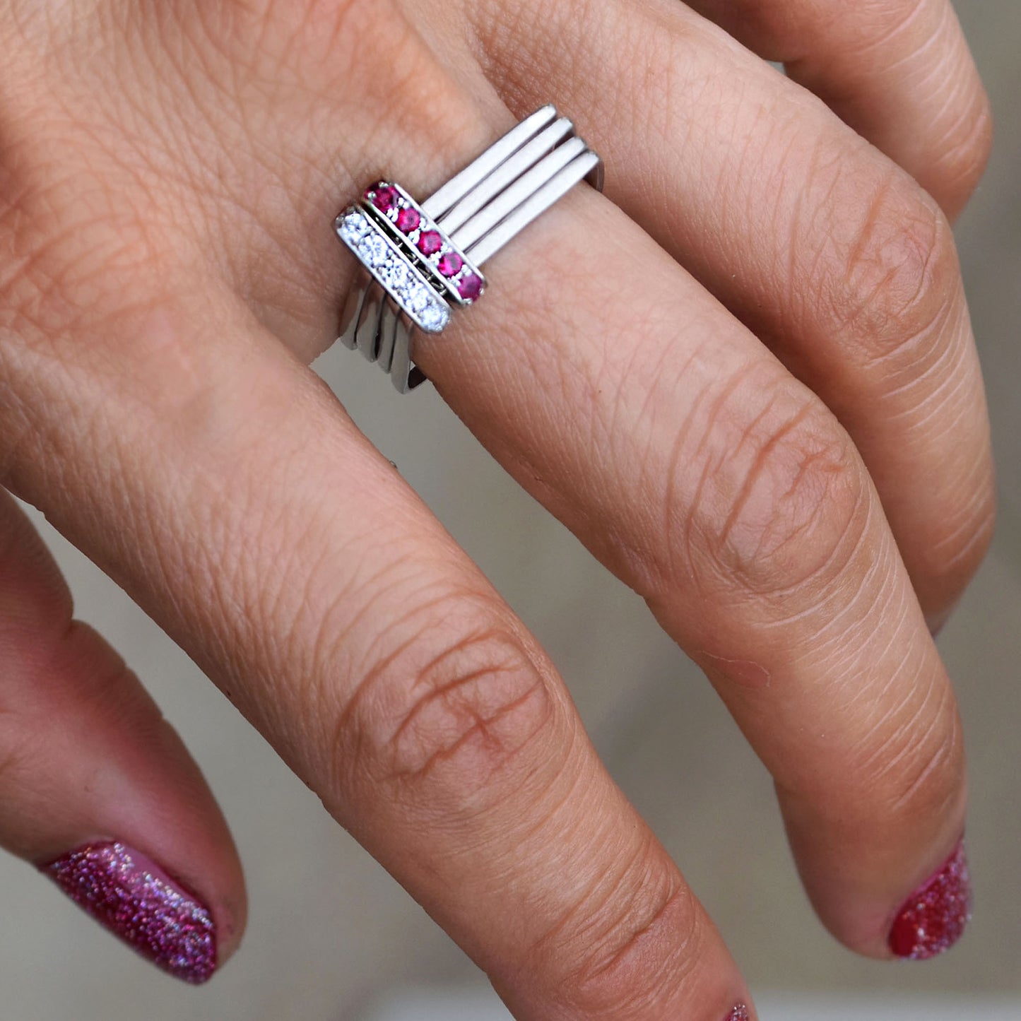 Firenze Ring - 18K White Gold Double Pave Diamond and Ruby Bar