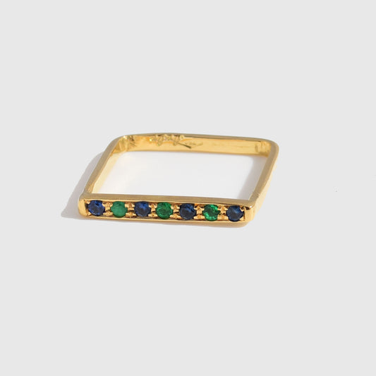 Sleek Square Band - Emerald and Sapphire Pave 18K Yellow Gold
