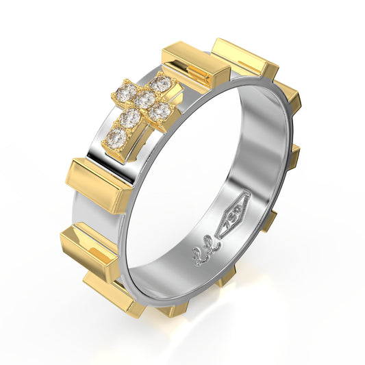 Rosary Ring - Two Tone 18K Gold Pave diamond Cross
