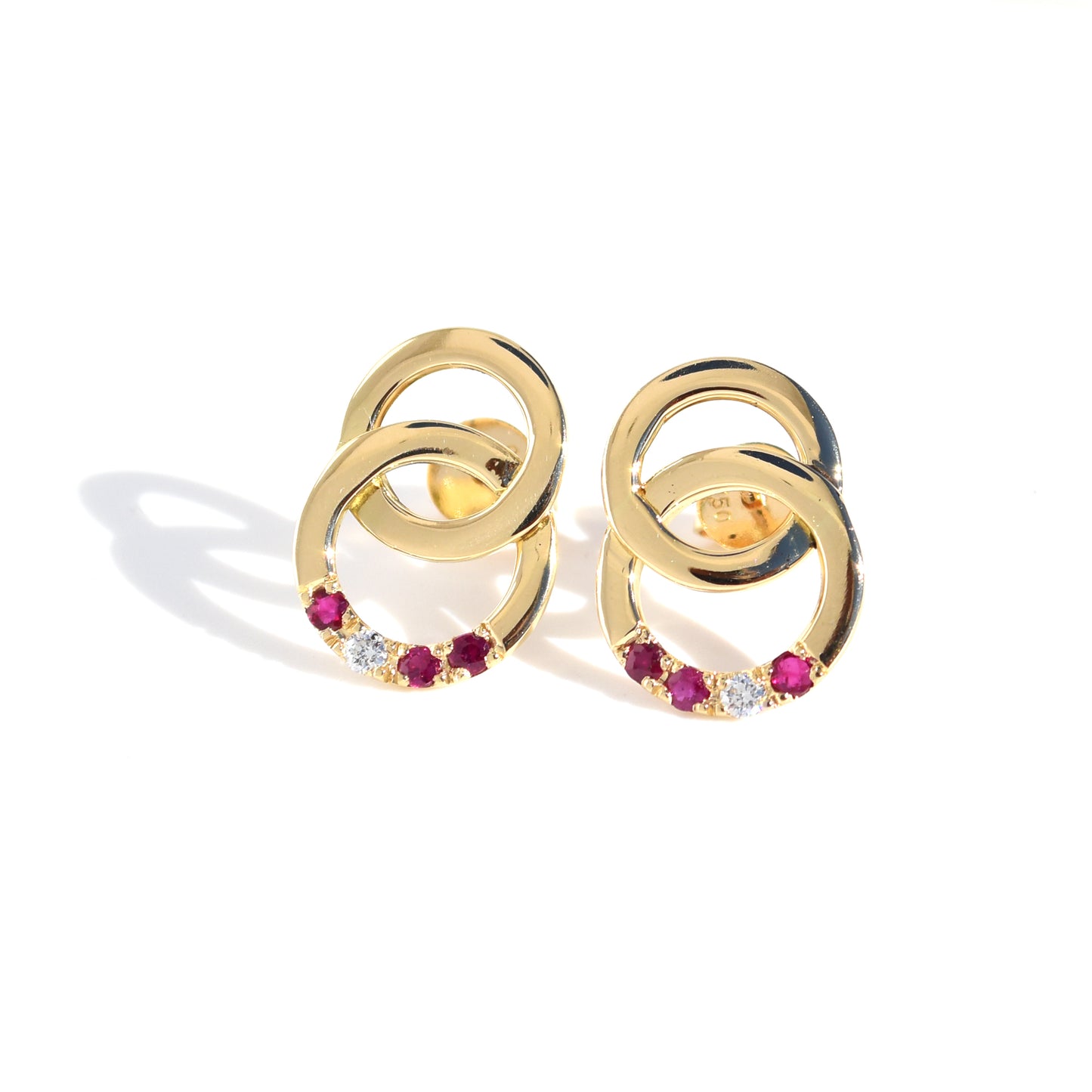 Circle Hoop Earring Studs - Ruby and Diamond