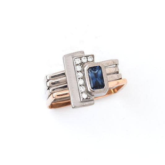 Firenze Ring Two Tone 18K Gold - Sapphire and Pave Diamond Bar