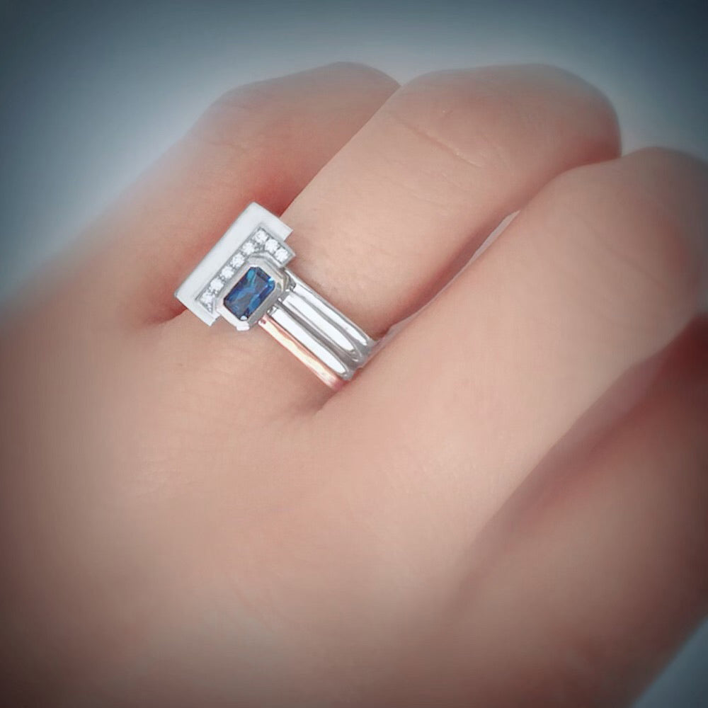 Firenze Ring Two Tone 18K Gold - Sapphire and Pave Diamond Bar