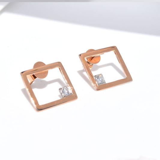 Square Diamond Earring Studs - Two Tone 18K Gold